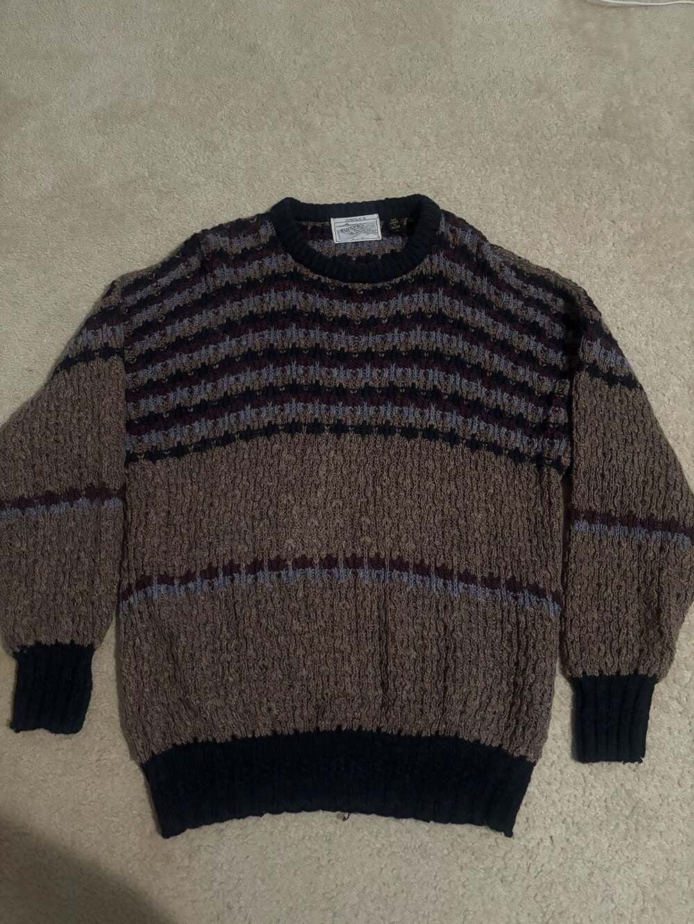 Donegal II Vintage Hand Loomed in Ireland Striped Crewneck Wool Sweater Large